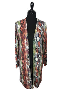 Snake Print Open Front Long Cardigan