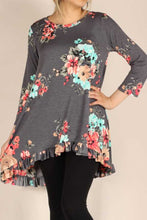Load image into Gallery viewer, Ruffle Hem Gray Floral Tunic