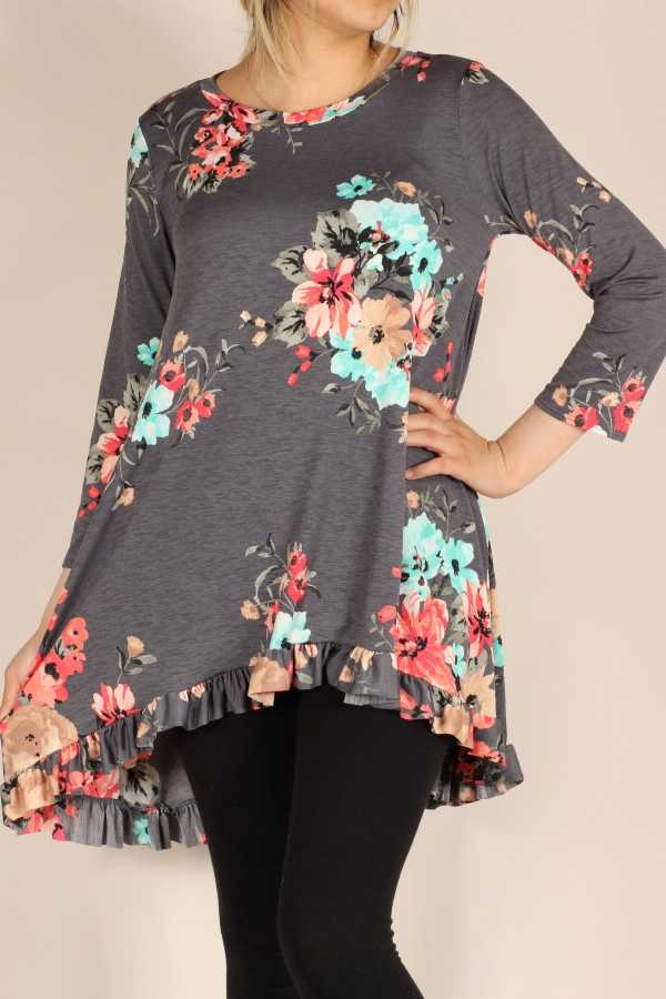 Ruffle Hem Gray Floral Tunic
