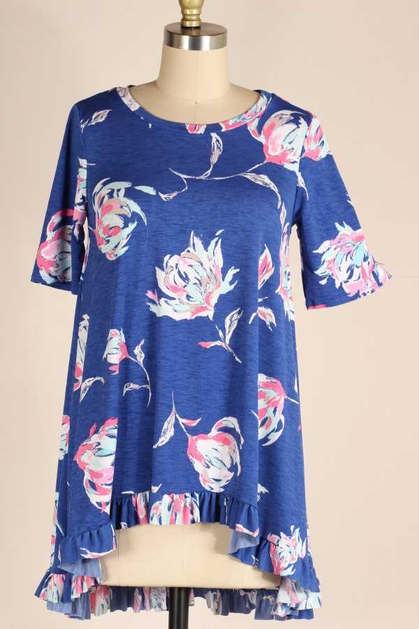 Ruffle Hem Blue Floral Tunic